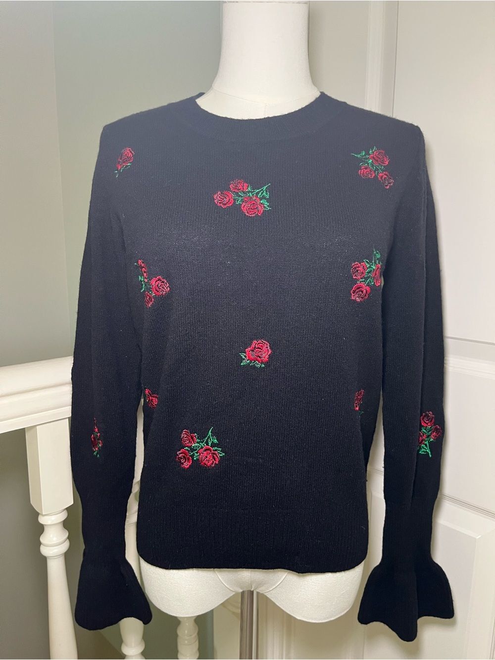 Sandro Paris Ingrid Rose Embroidered Wool Sweater Black Sz S Designer Floral